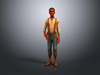 3D Character Model Standing Wearing White Shirt Suspenders Jeans With Tool Pouch On Gray Background 3d model