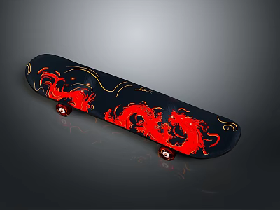 Black Skateboard With Red Dragon Design And Red Wheels For Daily Use 3d model