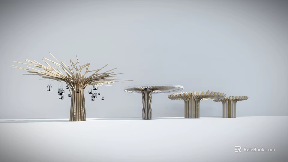 Tree Like Wooden Columns With Hanging Elements And Various Designs 3d model