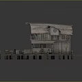 Weathered Rustic Wooden Cabin Exterior With Pier Deck Barrels And Lantern