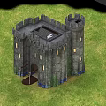 Garden Landscape Featuring Stone Castle With Towers And Green Grass Surroundings
