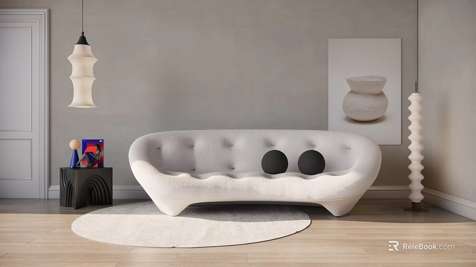 White Multi Person Sofa With Tufted Design Black Round Pillows Gray Wall And Wooden Floor 3d model 