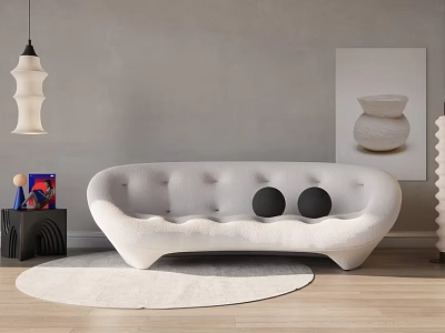 White Multi Person Sofa With Tufted Design Black Round Pillows Gray Wall And Wooden Floor 3d model