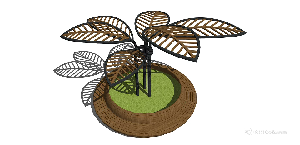 Leaf Shaped Canopy With Black Frame Wooden Structure Circular Platform And Green Grass 3d model