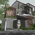 Modern Detached Villa Exterior With Two Story Brick Walls Balcony And Lush Greenery