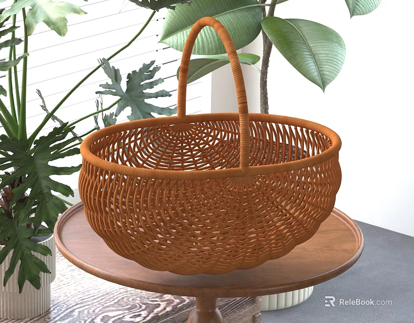 Brown Wicker Basket On Wooden Tray With Plants 3d model 