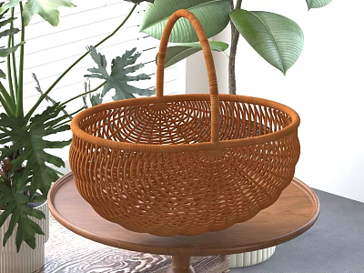 Brown Wicker Basket On Wooden Tray With Plants 3d model