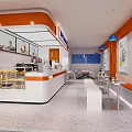 Modern Bubble Tea Shop Interior With Orange Open Counter Display Cases Blue Figure And Tables