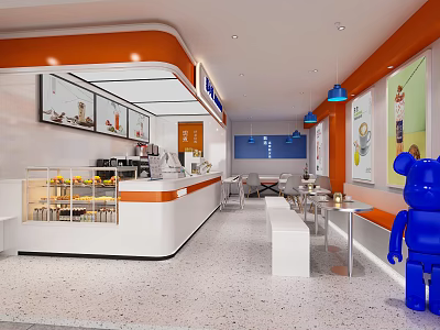 Modern Bubble Tea Shop Interior With Orange Open Counter Display Cases Blue Figure And Tables 3d model