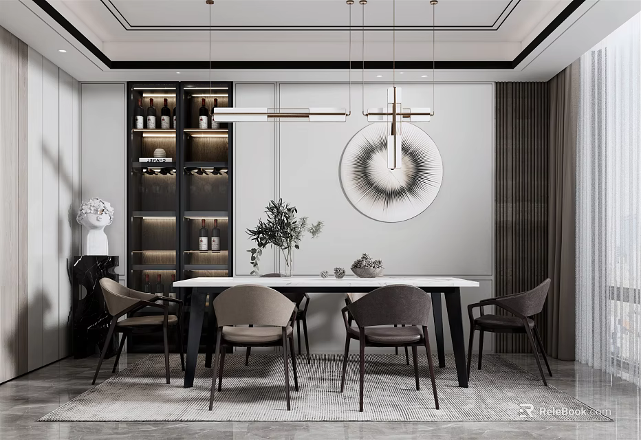 Elegant Modern Restaurant Interior With Dining Table Chairs Pendant Lights Artwork 3d model 