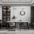 Elegant Modern Restaurant Interior With Dining Table Chairs Pendant Lights Artwork