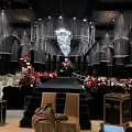Modern Banquet Hall With Stage Red Carpet Geometric Steps And Lighting Decorations