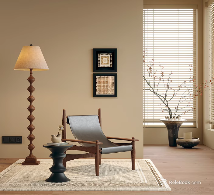 Modern Accent Chair With Wooden Frame Gray Leather Cushion Floor Lamp And Side Table 3d model 