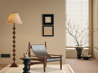 Modern Accent Chair With Wooden Frame Gray Leather Cushion Floor Lamp And Side Table 3d model