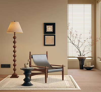 Modern Accent Chair With Wooden Frame Gray Leather Cushion Floor Lamp And Side Table 3d model