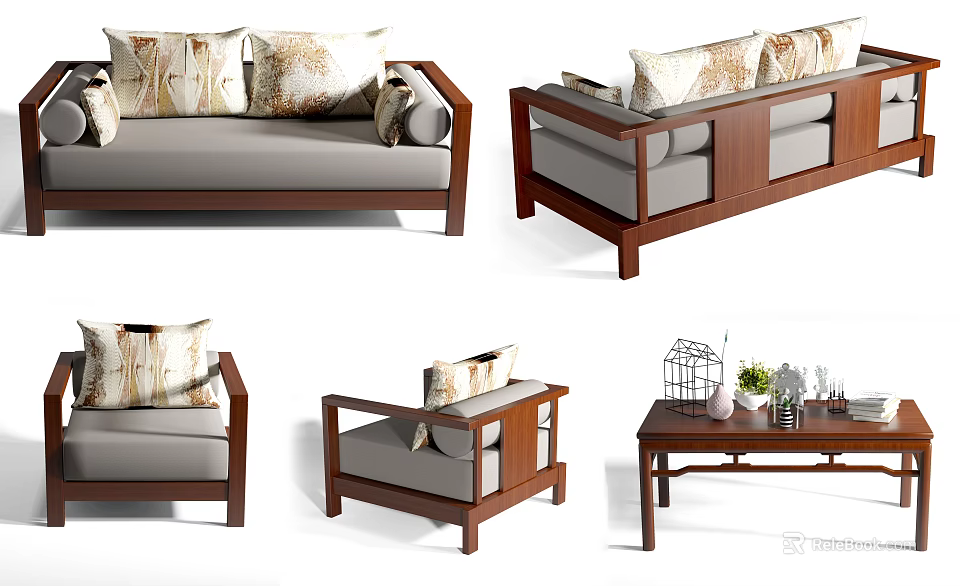 Modern Sofa Set With Wooden Frame Decorative Pillows And Matching Coffee Table 3d model