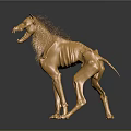 Golden Dog Like Creature Sculpture With Mane And Metallic Body On Gray Background