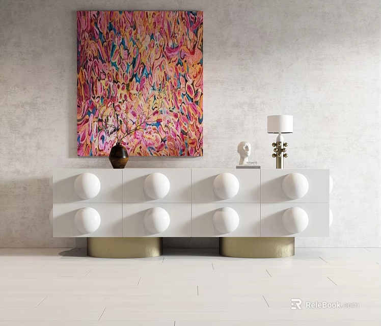 White Entryway Cabinet Sideboard With Circular Knobs Gold Base And Decorative Items 3d model