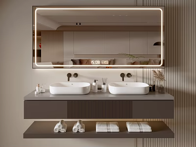 Modern Minimalist Bathroom Cabinet With Double Sinks Backlit Mirror And Towels 3d model