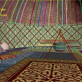 Traditional Yurt Interior With Colorful Patterned Rugs Wooden Lattice And Central Stove