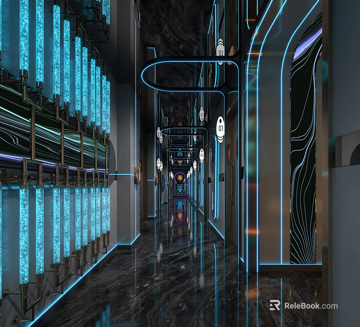 Modern KTV Corridor Interior Design With Blue Lighting And Stylish Decor Elements 3d model