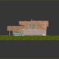 Cartoon Style Wooden House Scene With Red Roof Green Lawn Blue Car And Front Porch