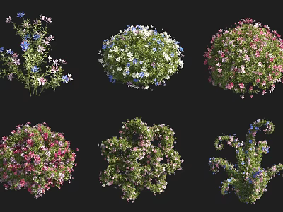 Colorful Flowering Shrubs In Various Shapes With Pink Blue And White Blooms 3d model