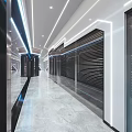 Modern Office Corridor with White Curved Walls Glass Doors Marble Flooring and Lighting Strips