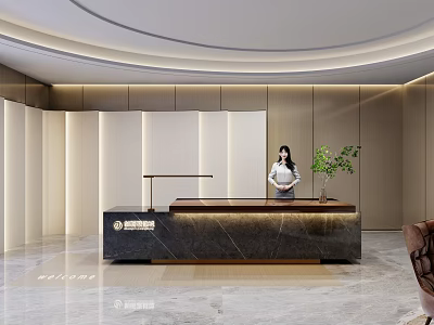 Elegant Modern Reception Desk With Marble Countertop Green Plant And Lighting Strips 3d model