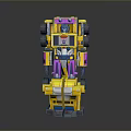Yellow And Purple Robot Toy Figure With Multiple Wheels And Pink Accents