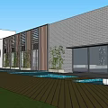 Modern Commercial Complex Exterior With Grid Design Lawn Street Lamps And Trees