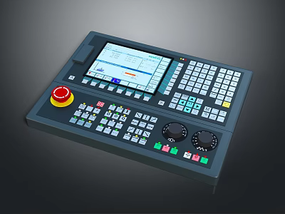 Industrial Computer Control Panel with Touch Screen Red Emergency Button Multiple Function Buttons and Knobs 3d model