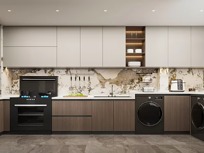 Modern Kitchen Interior Design With Gray Cabinets Black Appliances And Marble Backsplash 3d model
