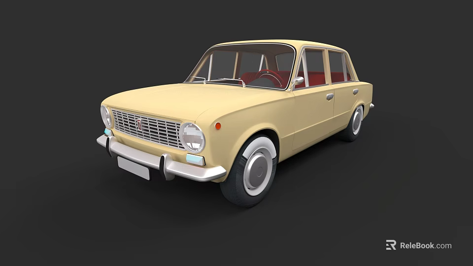 Vintage Light Yellow Sedan Car With Chrome Bumper Round Headlights And Red Interior 3d model 