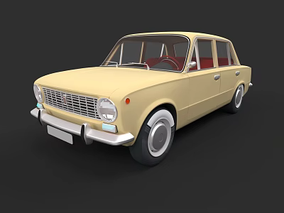 Vintage Light Yellow Sedan Car With Chrome Bumper Round Headlights And Red Interior 3d model