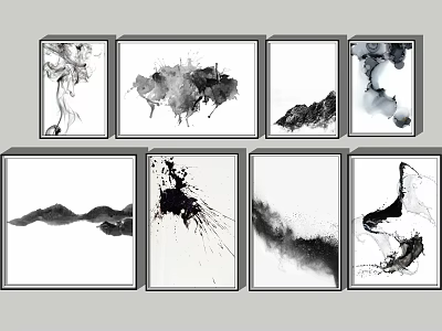 Black and White Ink Wash Wall Art with Abstract Patterns for Modern Home Decor 3d model