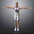 Man Standing In White Basketball Jersey With Blue Yellow Logo Arms Outstretched Gray Background