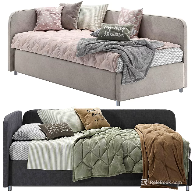 Soft Bed Frames With Colorful Pillows And Quilted Blankets In Gray Pink Green Brown 3d model 