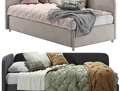 Soft Bed Frames With Colorful Pillows And Quilted Blankets In Gray Pink Green Brown 3d model