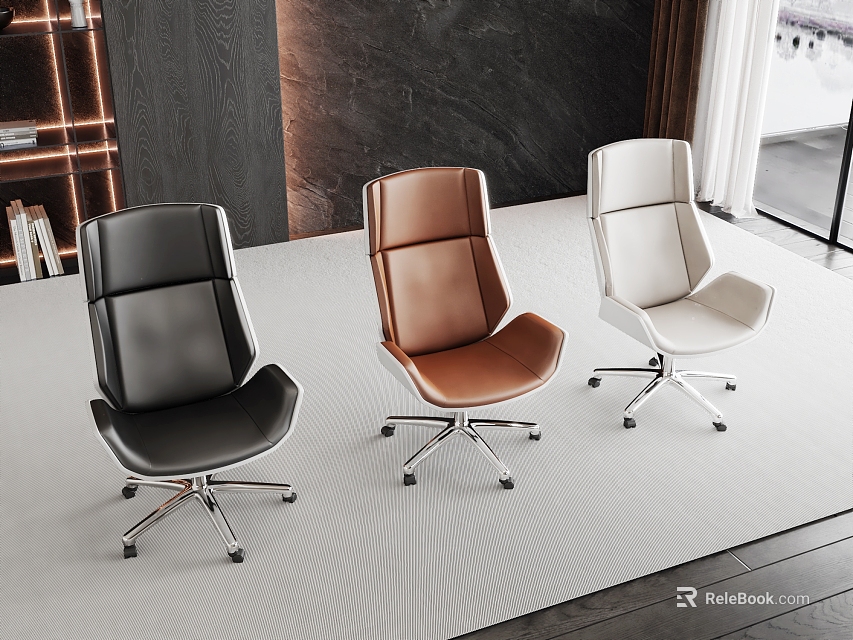 Modern Office Chair With High Back Leather Design In Black Brown White Colors And Metal Caster Base 3d model 