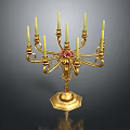 Ornate Gold Candelabra With Multiple Candle Holders And Decorative Flower Accent