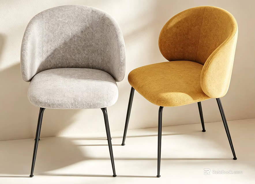 Modern Style Gray And Yellow Armchairs With Curved Backrest And Black Slim Legs 3d model 