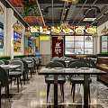 Modern Restaurant Interior With Pendant Lights Tables Chairs Green Plants Bicycle Decor And Tiled Floor