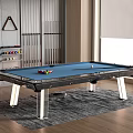 Modern Recreation Room With Blue Billiard Table Cue Rack Transparent Legs And Gray Rug