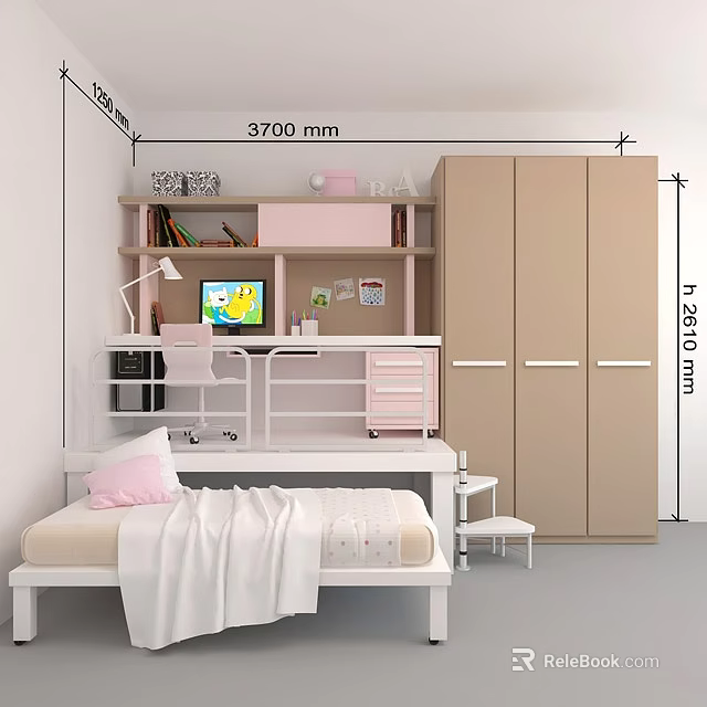 Pink And White Kids Bed With Study Desk Bookshelf And Wardrobe In Room 3d model 