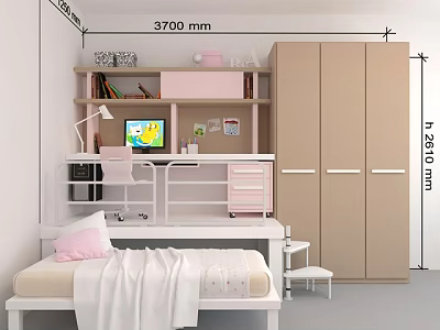 Pink And White Kids Bed With Study Desk Bookshelf And Wardrobe In Room 3d model