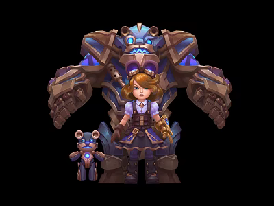 Steampunk Game Movie Character Girl With Small Bear Robot And Large Mechanical Construct 3d model