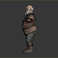 Game Movie Character With Elderly Bald Head Large Beard Striped Shirt Gray Vest Brown Belt Boots