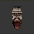 Detailed Pirate Ship Model With White Sails Red Hull And Skull Flag