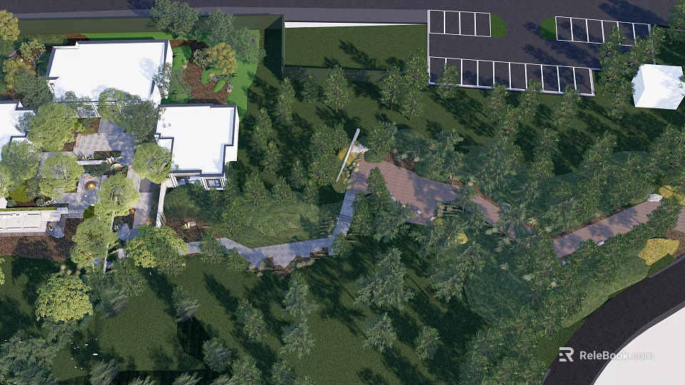 Beautiful Garden Landscape With Green Lawns Trees And Walking Paths 3d model 